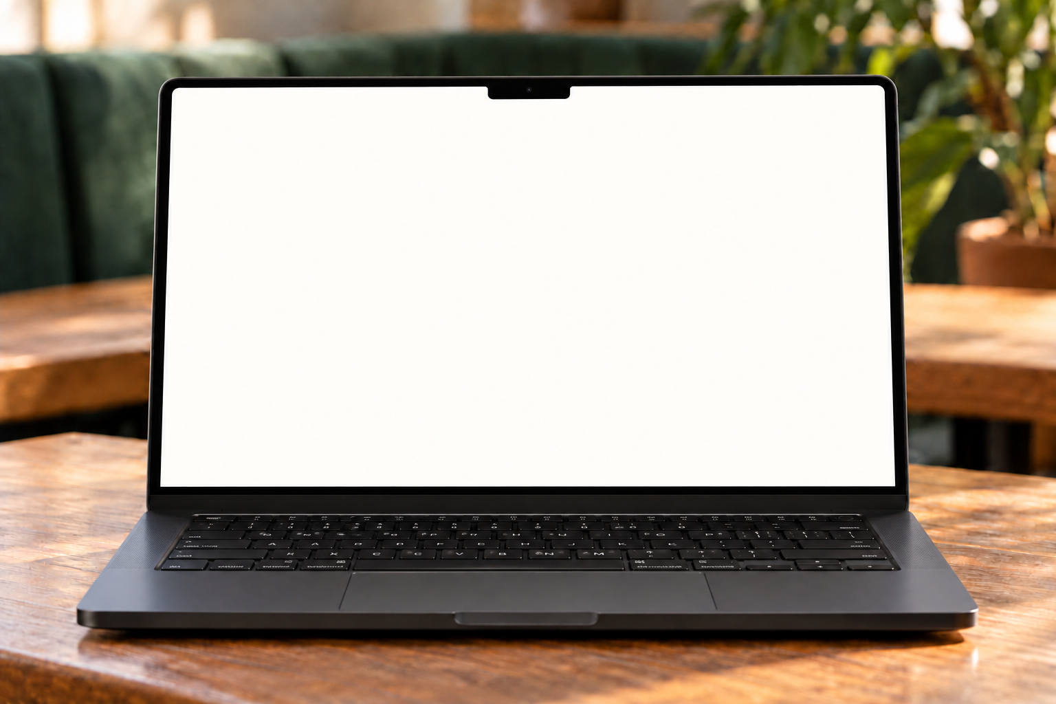 MacBook Pro M5 en una mesa de café con una demostración interactiva de RIOS